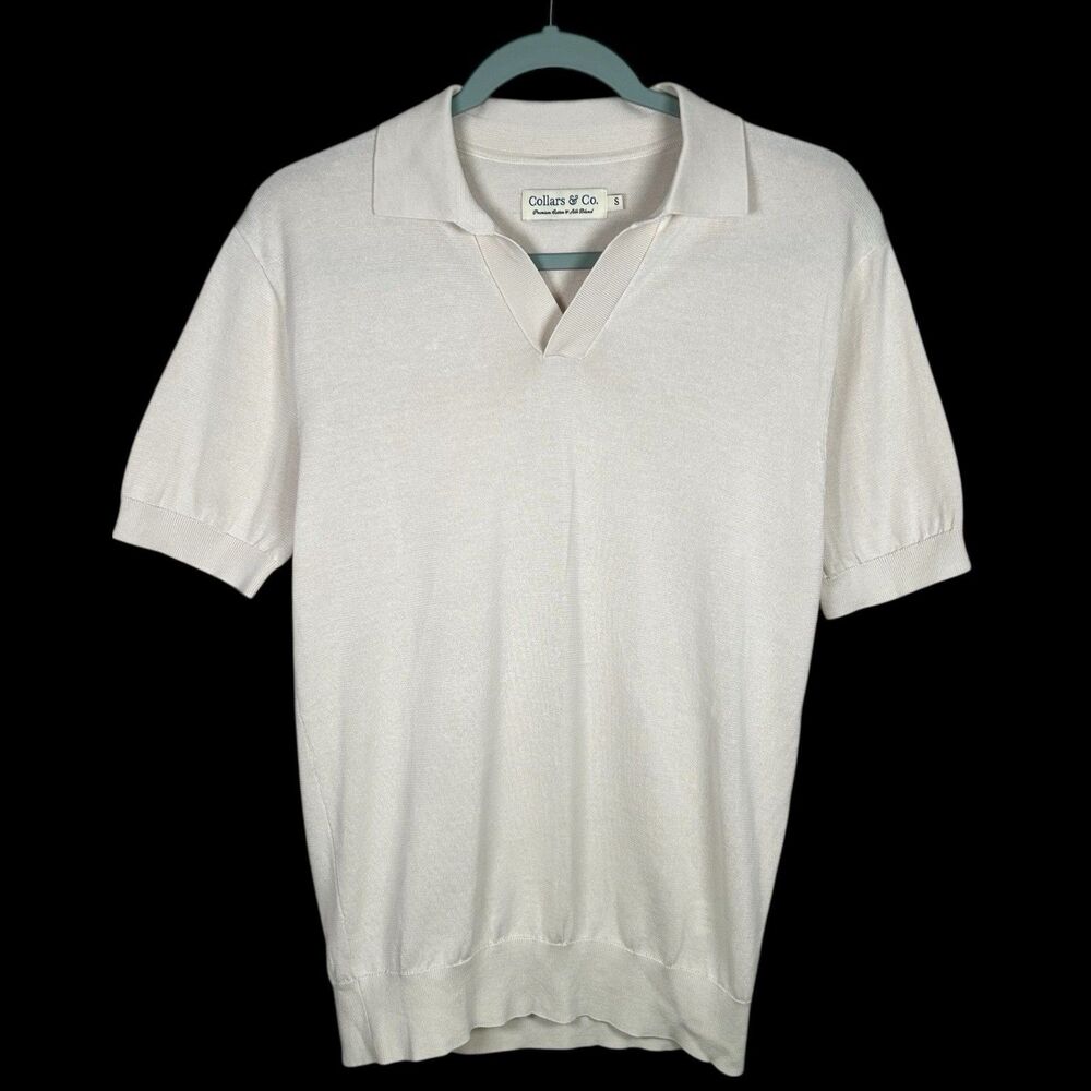 Collars & Co Polo Shirt Mens S Beige Silk Cotton Maranello Buttonless Johnny NEW